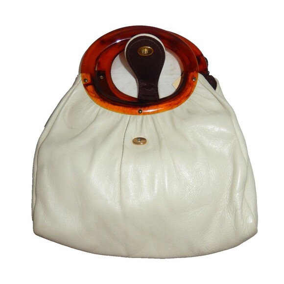 Vintage 1950's Ande Handbag Purse Buttery Soft Leather Cream Bakelite Handles - Picture 3 of 10